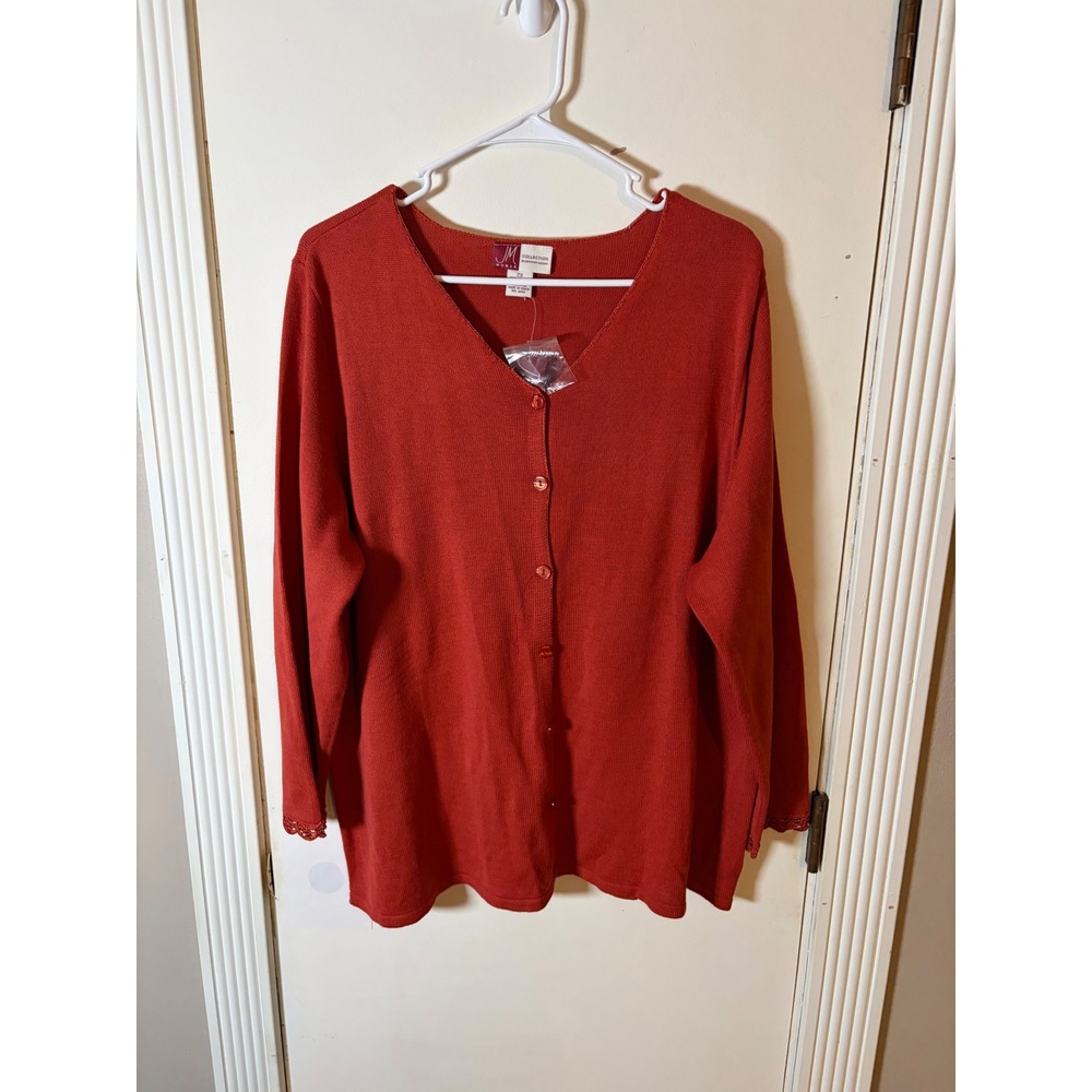 JM Collection Woman Red V-Neck Button Front Cardigan Sweater Lace Cuff 2X NEW